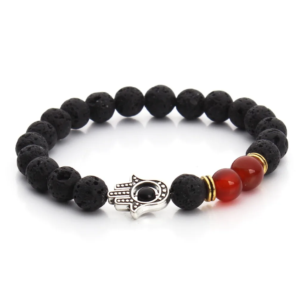 New Red White Beads Bracelet Antique Silver Hamsa Hand Black Lava Stone Yoga Energy Bracelets for Women F3227 | Украшения и