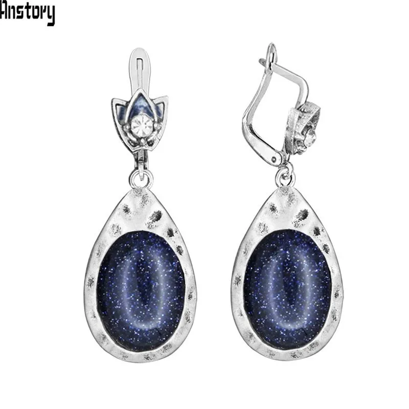 Sequins Blue Stone Винтажные овальные розовые кварцевые нефритовые серьги для женщин, античные посеребренные серьги в форме капли воды, модное ювелирное изделие TE531 - Окраска металла: Sequins Blue Stone