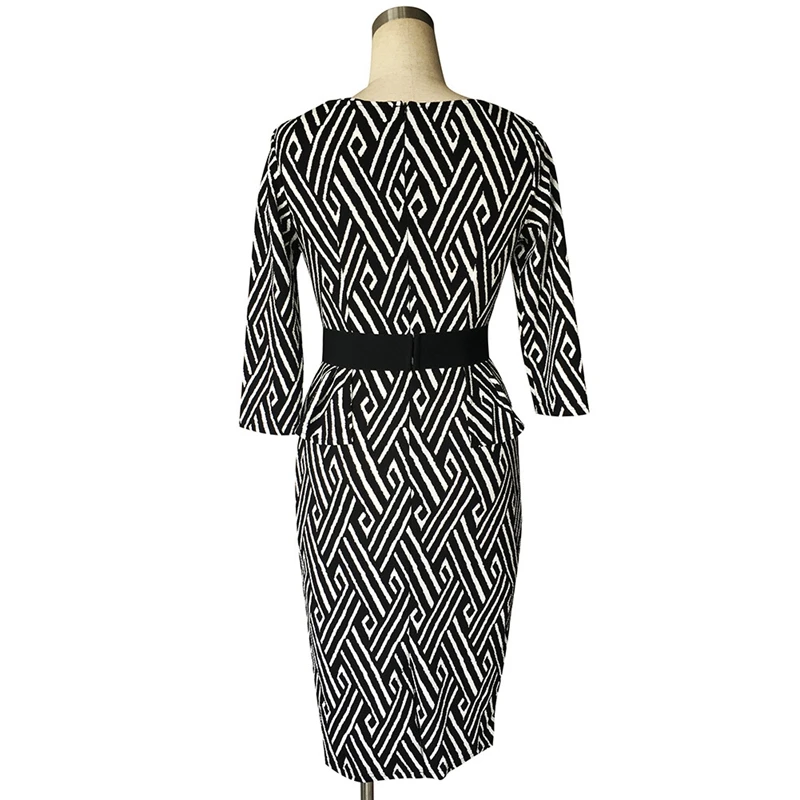 Barsei Новые Женщины Урожай Ретро Черный Белый Полный Рукав OL Dress Геометрические