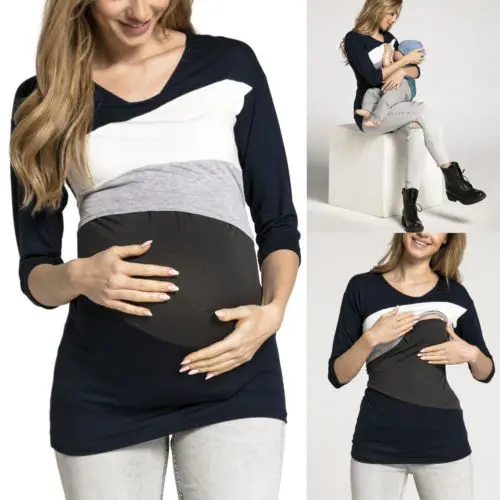 Pudcoco New Spring Autumn Women Nurcing T Shirt Pregnant Maternity Nursing Splice Top Breastfeed Long Sleeve Pregnancy Clothes | Мать и