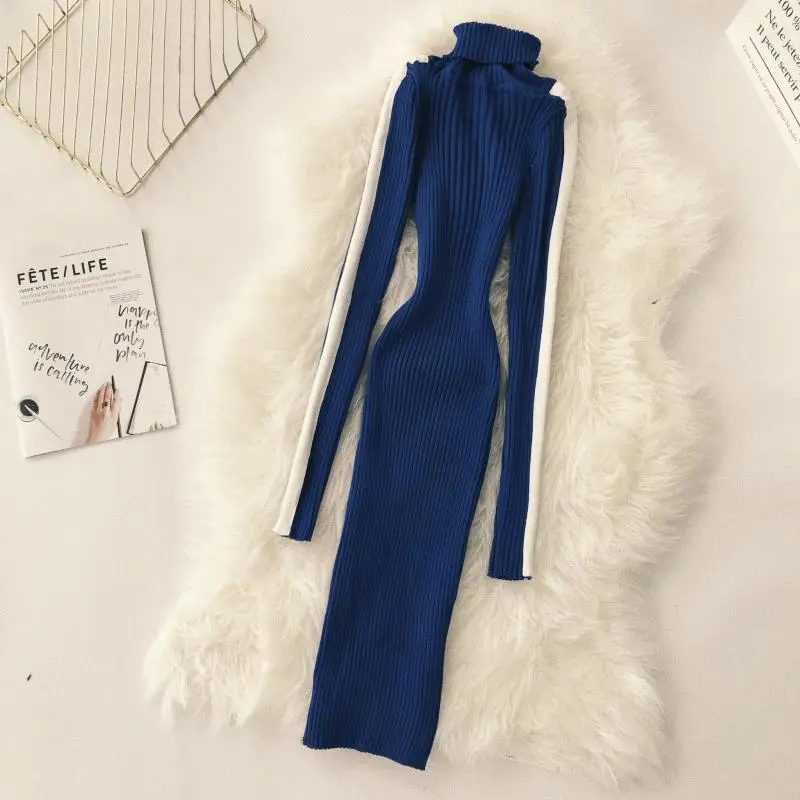 Женское облегающее платье ALPHALMODA карандаш с высоким воротом и рукавом в полоску