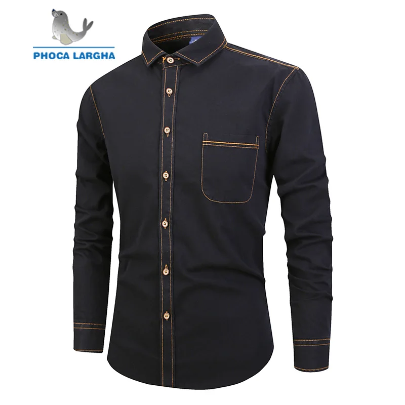 Мужская джинсовая рубашка с длинным рукавом однотонная Повседневная хлопковая