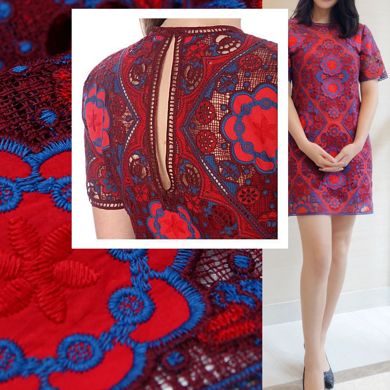 

Fashion red&sapphire geometric bold color hollow embroidery lace cotton blends fabric for dress,skirt,cheongsam by the yard