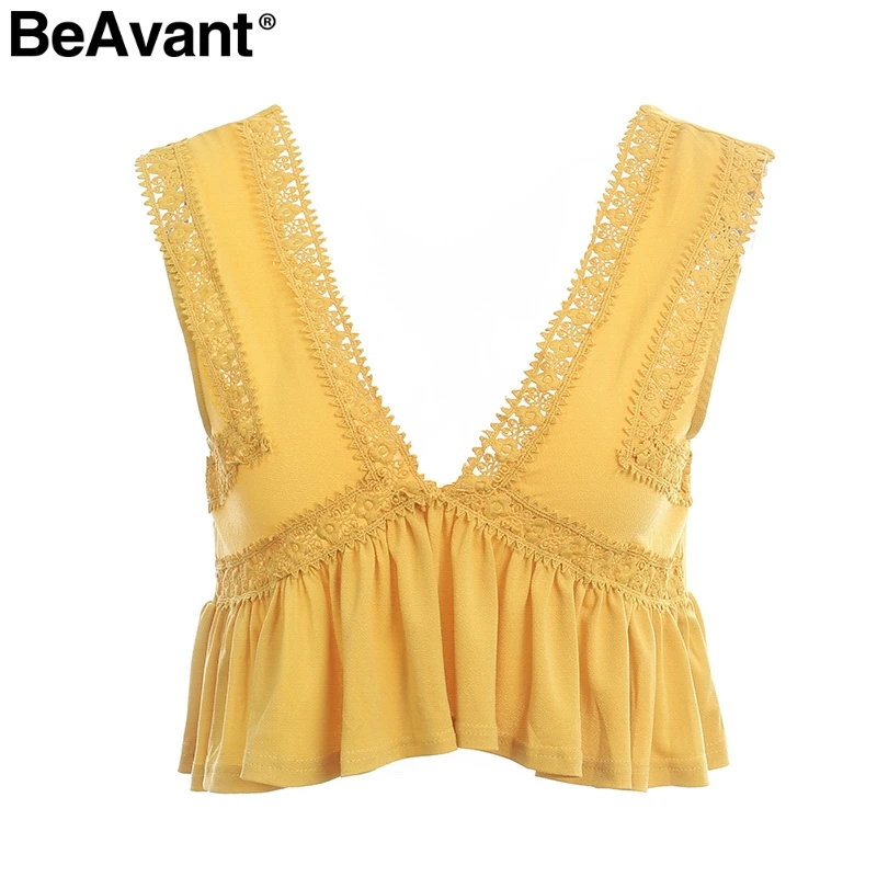 yellow BeAvant Sexy v средства ухода за кожей шеи спинки майка для женщин рюшами Короткие кружево рубашка бретели Танк Лето пот уличная повседнев - Цвет: yellow