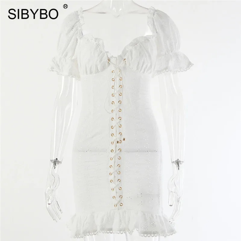 Белый Sibybo кружевное Летнее мини-платье с оборками, женские сексуальные вечерние платья с v-образным вырезом и коротким рукавом, белое пляжное повседневное облегающее платье с открытой спиной - Цвет: Белый