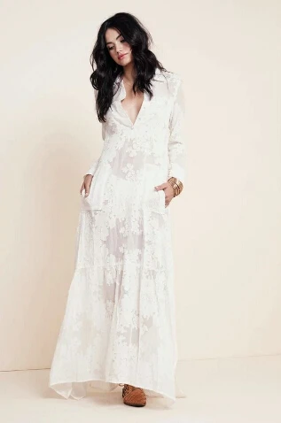 2016 Для женщин BOHO разрез сбоку Кружевное белое шифоновое платье макси новый сезон: