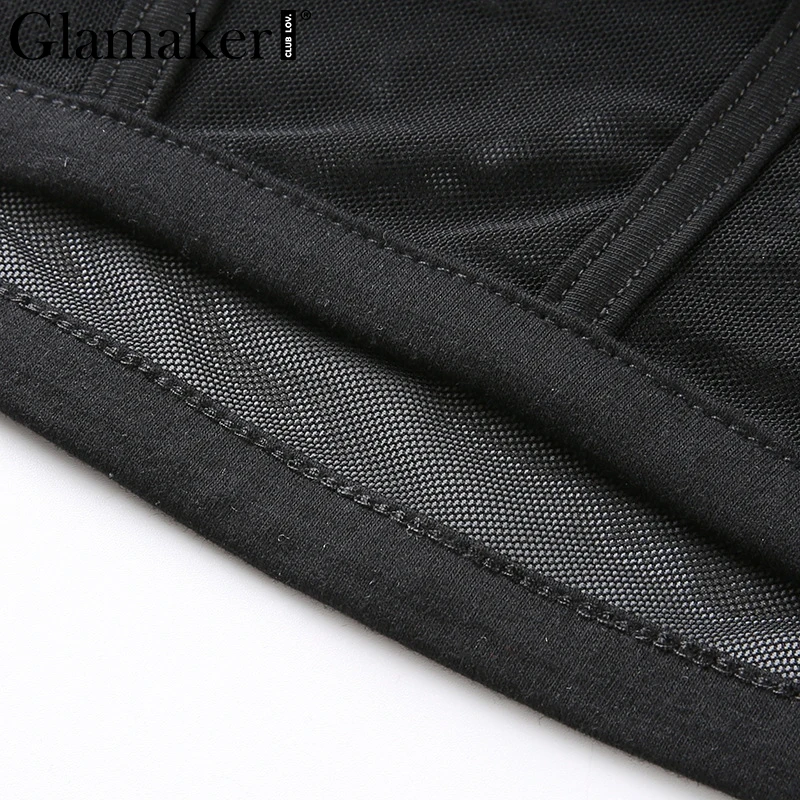 Glamaker черный сексуальный топ футболка сетка прозрачный Повседневный обрезанный женский топ уличная водолазка пэчворк панк-рубашки летняя футболка