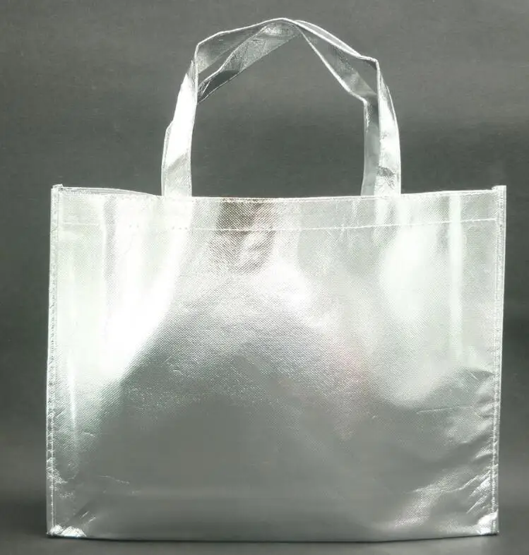 Plain silver bags 10 штук Заказная Лазерная пленка ламинированная металлическая сшитая Нетканая сумка для покупок серебряный цвет - Цвет: Plain silver bags