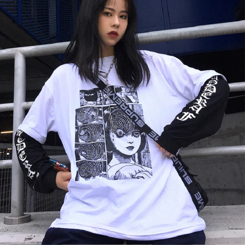 Funeral dark new ulzzang Harajuku BF хип-хоп поддельные две части Мода Harajuku свободный большой размер женский осенний мультфильм толстовка