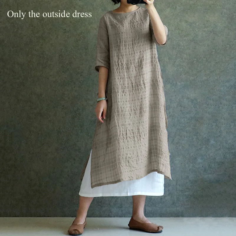 Beige Dress ZANZEA S 4XL 5XL женская блузка из хлопка и льна Топ летняя с длинным рукавом в клетку Винтажная с разрезом мешковатая Блуза женская рубашка большого размера - Цвет: Beige Dress