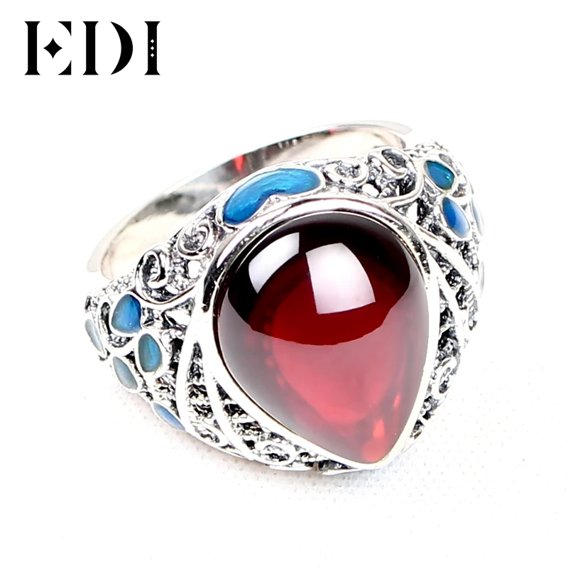 EDI Vintage 925 Sterling Silver Rings For Women Gemstone Dripping Garnet Cloisonne Female Folk Style Big |