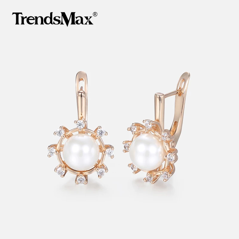

Luxury Pearl Earrings For Women 585 Rose Gold Stud Earrings Woman Clear Cubic Zirconia CZ Party Wedding Jewelry Gifts KGE154