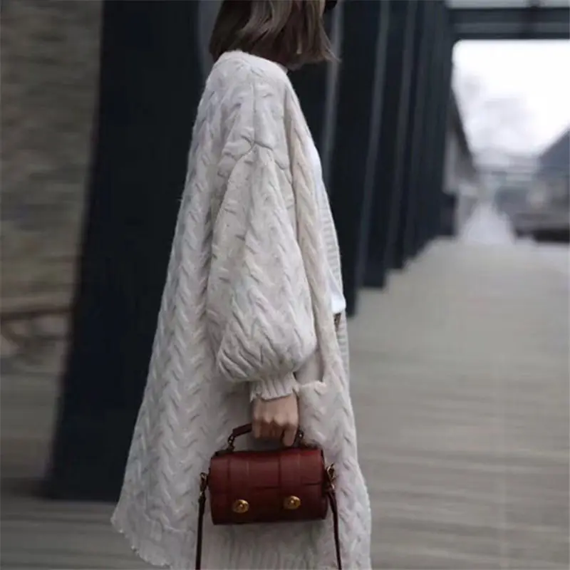 Korean Twist Long Sweater Jacket Women Knit Cardigan Woman Loose Lantern Sleeves Knitting Coat Thick Spring blusa de croche f225 |