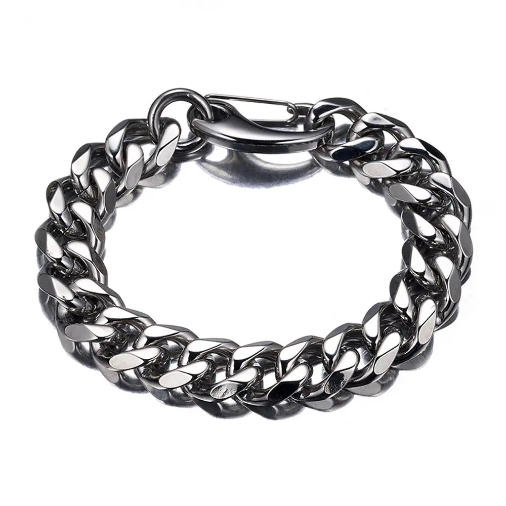 

15mm Wide 7-11 Inches Length Silver Color Men's Chain Bracelet Stainless Steel Polishing Curb Cuban Link Chain Bangle