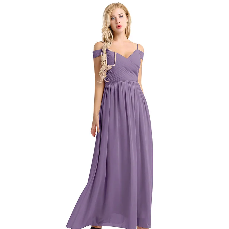 Dusty Purple Женское платье Vestido de festa Лето шифоновое с открытыми плечами Плиссированное вечернее платье с v-образным вырезом выпускное платье - Цвет: Dusty Purple