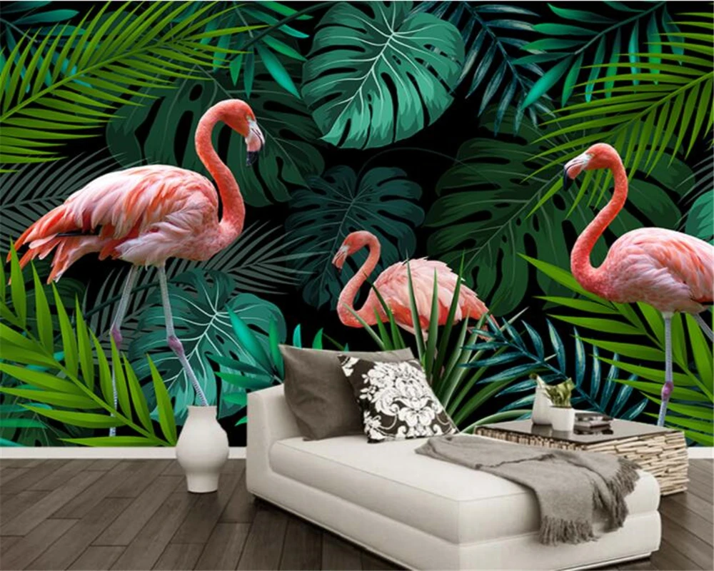 beibehang papel de parede Custom Wallpaper Wall Stickers Hand green drawn tropical rain forest flamingo Mural 3d wallpaper | Обустройство