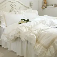 Luxury Embroidery Bedding Set Beige Lace Ruffle Duvet Cover Wedding Decorative Textile Bed Sheet Coverlets Elegant Quilt Cover