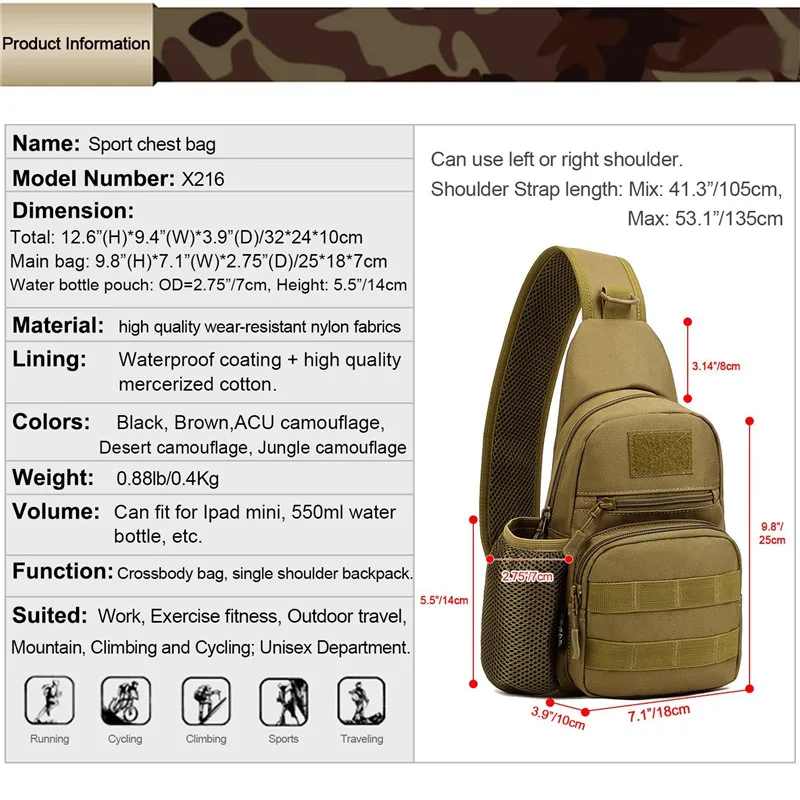 Тактический Молл Портативный сумка Военная Униформа crossbody груди пакет плечо слинг Водонепроницаемый рюкзак для Пеший Туризм Велоспорт Восхождение Отдых на природе