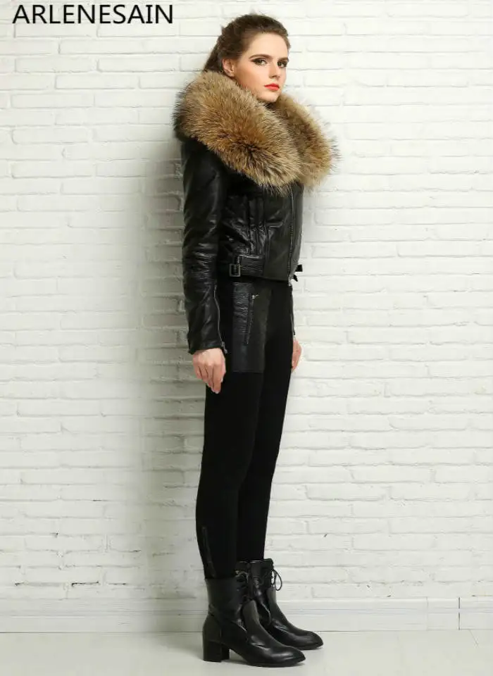 Женская куртка из натуральной овечьей кожи с воротником меха енота Arlenesain|Шубы и