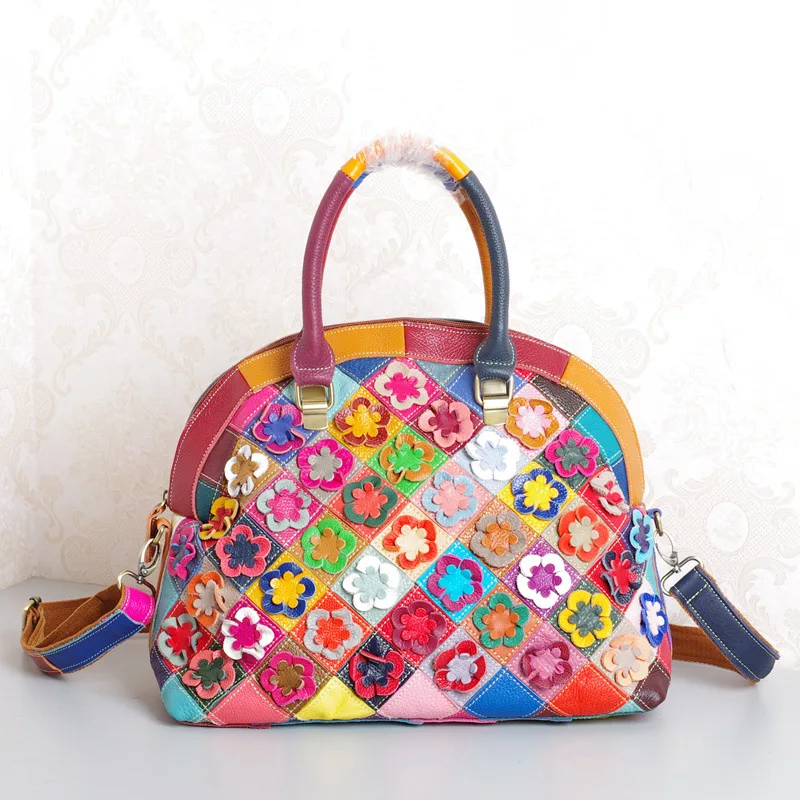 

828 New Fashion Tide Female Cowhide Leather Handbag Handmade Flowers Inclined Shoulder Bag Ladies Totes