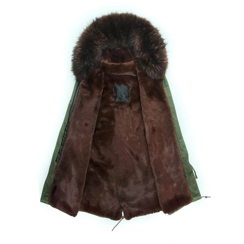 

Elegant high quality black lining hooded long jacket for Man/women faux fur parka coats