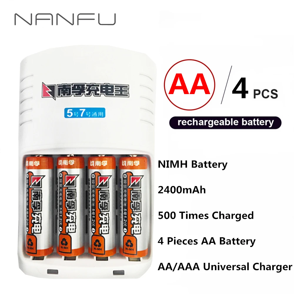 NANFU 2/4 шт 2400 мАч NiMH AA перезаряжаемый аккумулятор с зарядным устройством 1 2 в