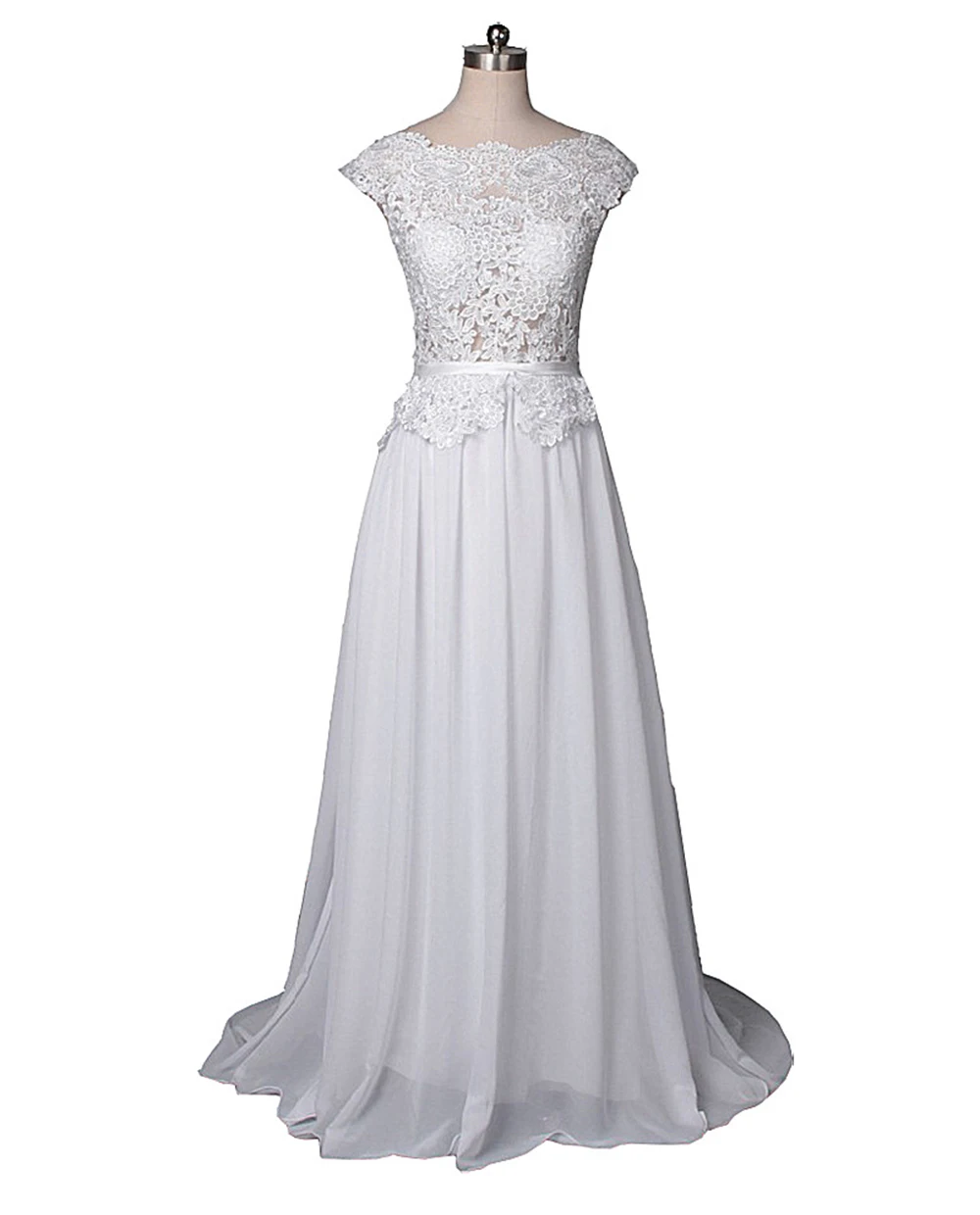 

Popular Sheath Cap Sleeves Illsion Lace Appliques Wedding Dresses Chiffon Sweep Train Backless Bridal Gowns