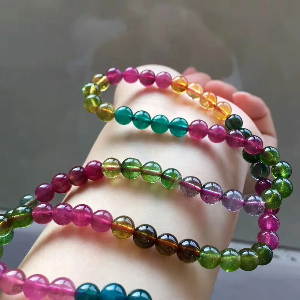 Genuine Natural Colorful Tourmaline Crystal Bracelet Fashion Woman Necklace Stretch 6.5mm Clear Round Beads 3 Laps AAAAA | Украшения и