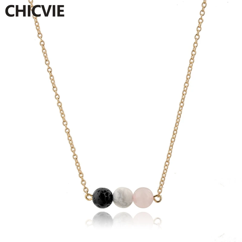 

CHICVIE New Gold & Silver Fashionable Clip Beads Chain Necklace Three Lava Stone Beads Choker Charm Statement Necklace SNE180026