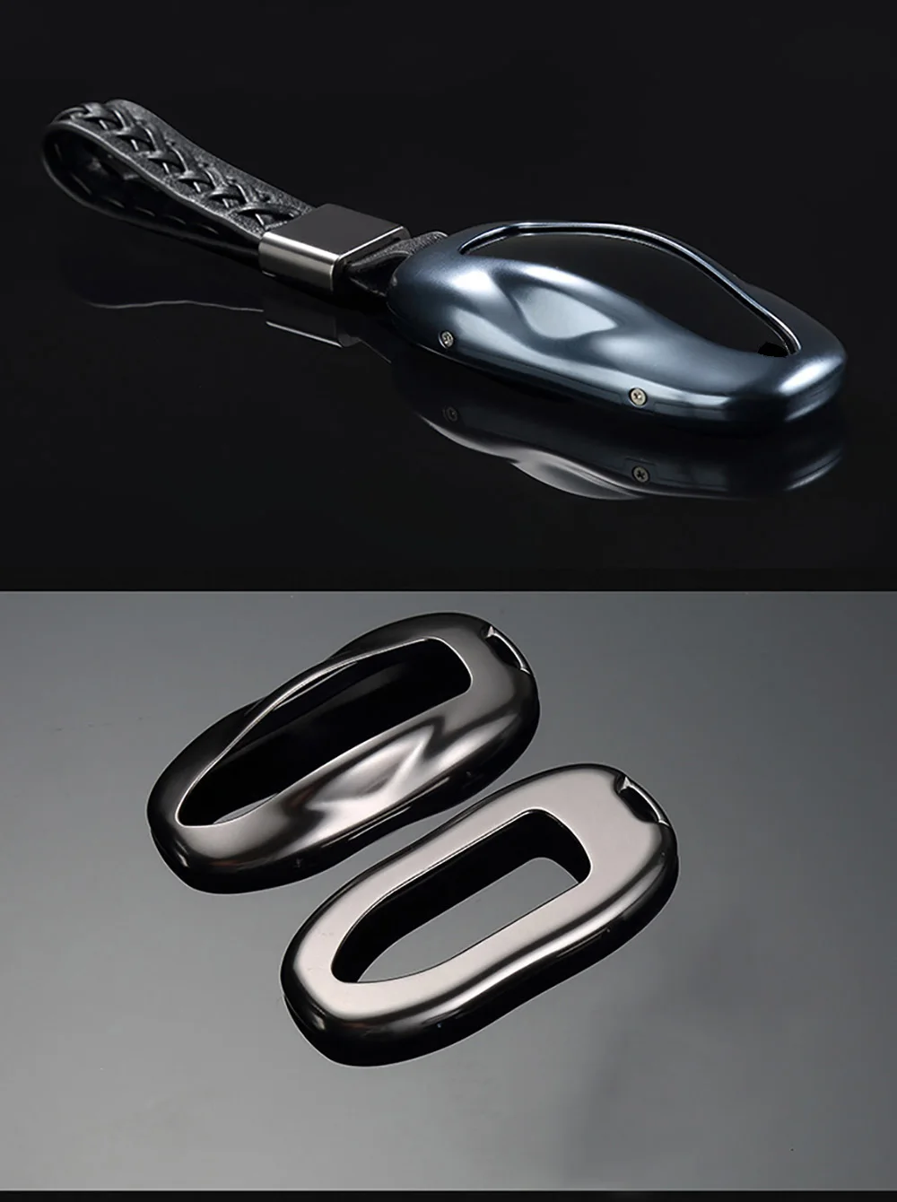 

For Tesla Model S Aluminum Alloy + Leather Automobile Car Remote Key Case Cover Shell Protector With Weave Buckle Accessories