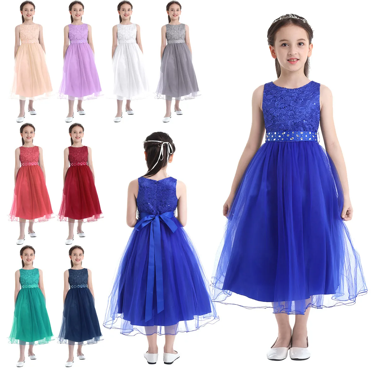 iEFiEL Embroidered Flower Girls Tulle Tutu Sequins Lace Dress Pageant Party Wedding Bridesmaid Prom Princess Formal Maxi | Детская