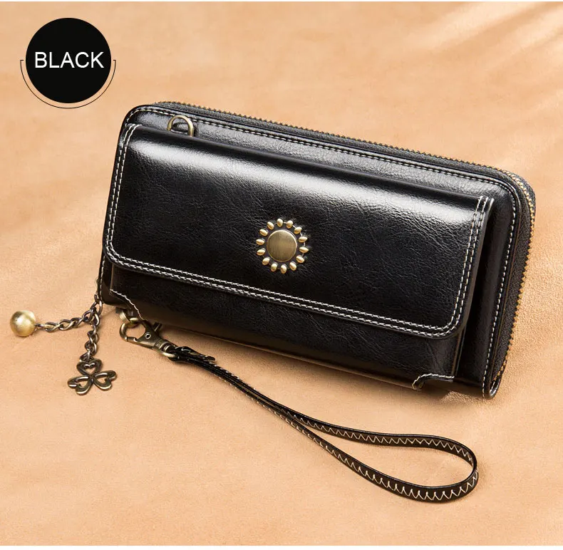 Vintage Oil Wax Leather Women Wallets Long Zippers Purse Genuine Leather Wallet Female Clutch Multifunction Big Capacity Wallet