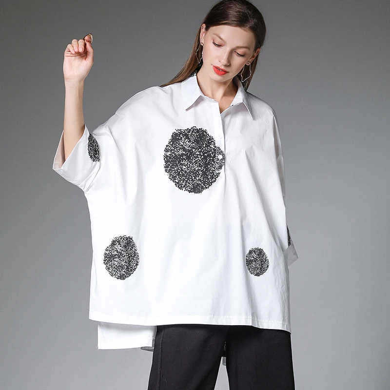 Блузка женская хлопковая в горошек Повседневная Длинная рубашка черный и белый