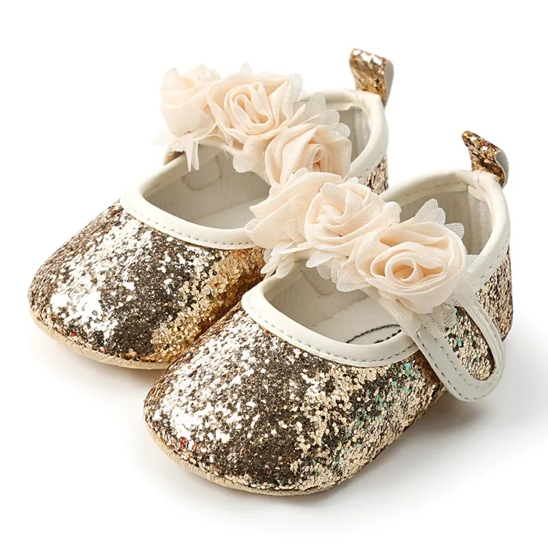 

Baby Shoes Fashion Sequins Lace Flower Baby Girl First Walker Anti-slip Soft Sole Bottom Walking Princess Shoes