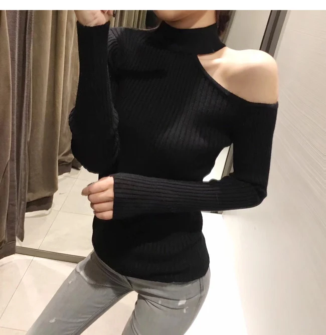 Gkfnmt Sexy off shoulder knitted sweater Women elegant solid skinny slim pullover and 2018 Autumn winter jumpers Pink | Женская одежда
