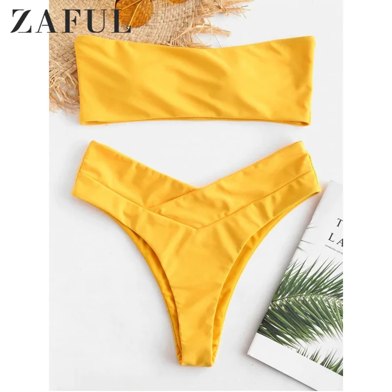 ZAFUL Mortonpart бикини купальник бандо воротник высокий вырез комплект высокая нога
