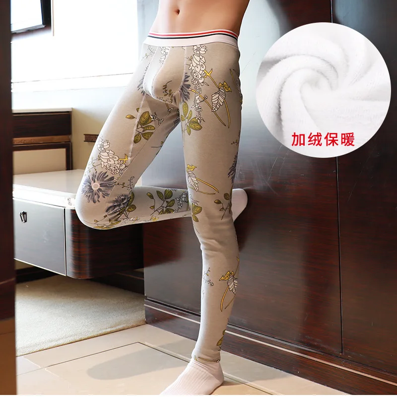 Зимние теплые мужские кальсоны (Long Johns) из хлопка с плюшевой подкладкой цветочным