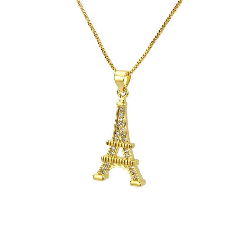 New design gold copper white cubic zirconia Eiffel tower pendant necklace for women fashion unique party jewelry chain gifts | Украшения и