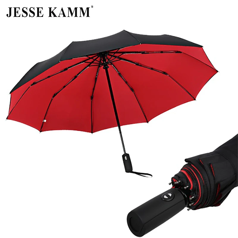 

JESSE KAMM New Double Deck 190T Pongee Fully-automatic Umbrella 3 Folding 10 Ribs Fiberglass Strong Windproof Rain For Women Men