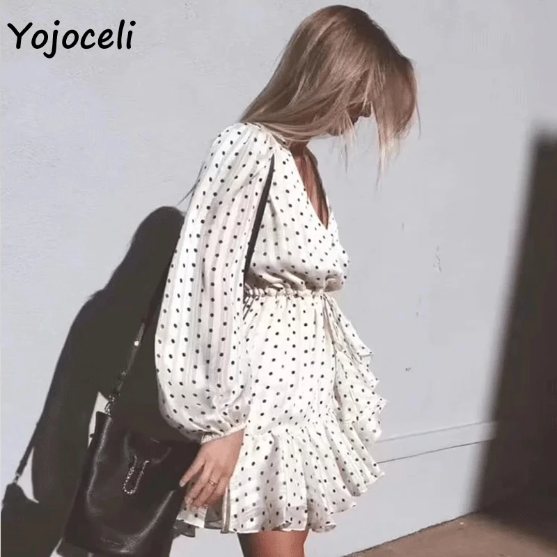 Yojoceli романтическое платье в французский горошек с рюшами boho мини длинным рукавом