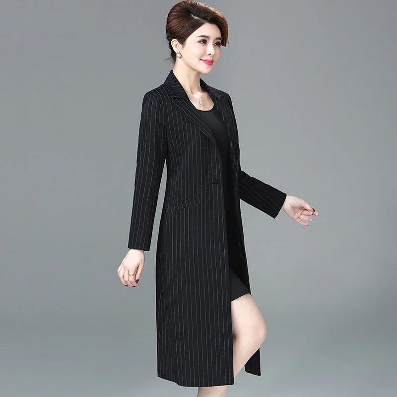 

New 2019 spring autumn high quality elegant trench coat women striped slim medium long turn down collar fashion outerwear