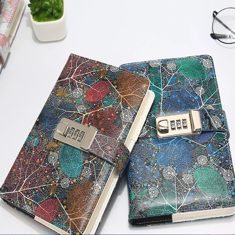 

"Colorful flowers"Password lock Notebook PU Leather Floral Flower Dotted Functional Lock line dots Diary Weekly Planner Cute B6