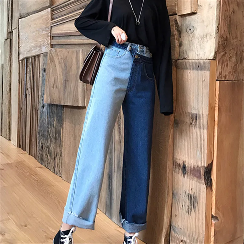 blue Denim Pants Korobov Новые Модные осенние корейские женские брюки со вставками, широкие брюки с высокой талией, свободные джинсы длиной до лодыжки 75872 - Цвет: blue Denim Pants