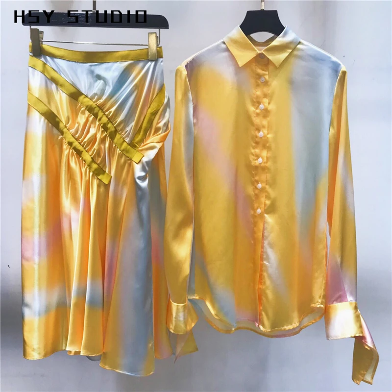 【HSY studo】2019 Летний новый тренд с радужным принтом женский костюм длинным рукавом