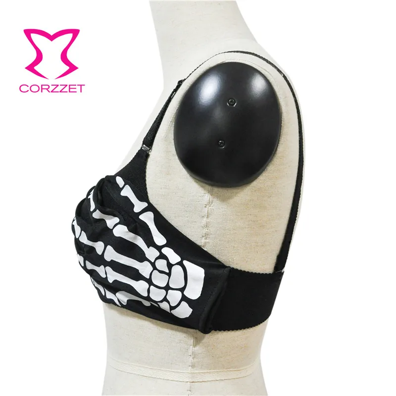 Black With White Skeleton Hands Pattern Punk Gothic Bras For Women Push Up Bra Sexy Bralette Top Brassiere Femme Nightclub Wear