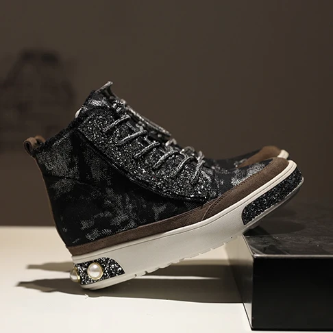 Жемчуг Украшенные блестками на танкетке модная парусиновая обувь плоской