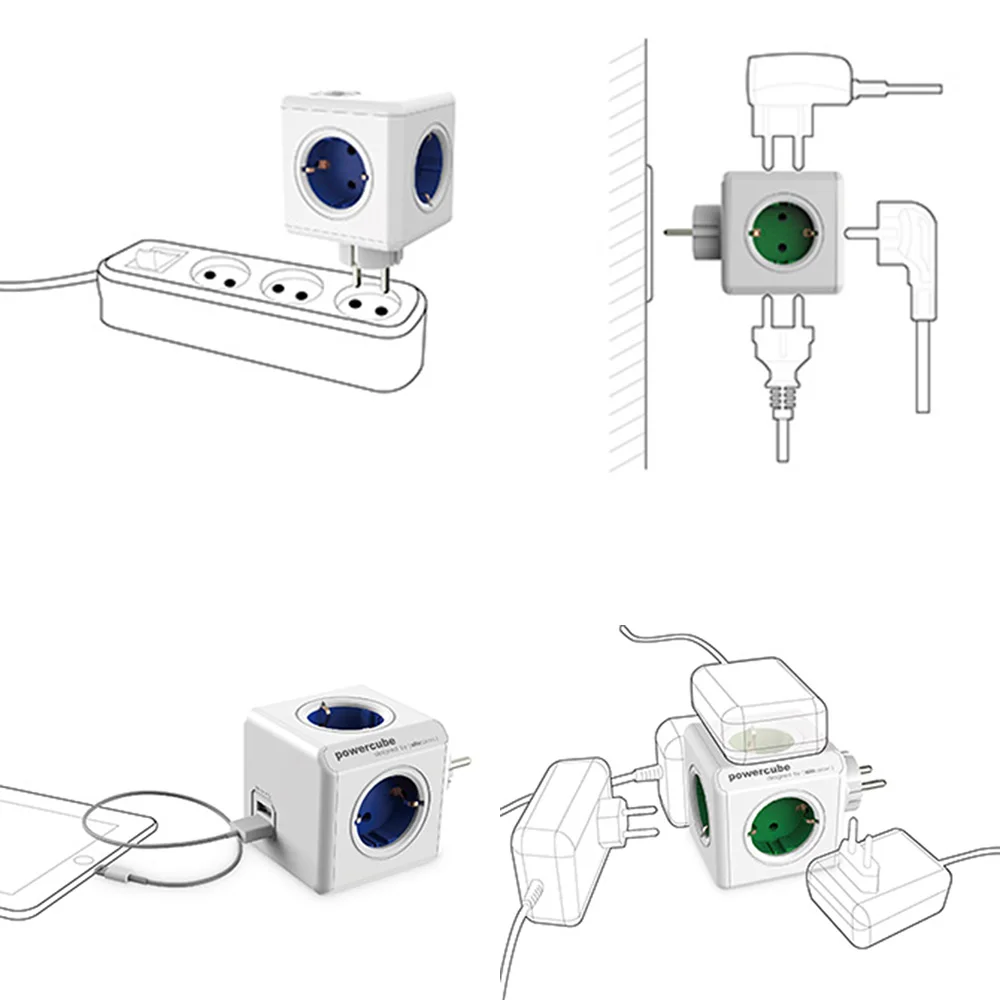 Allocacoc PowerCube розетка с 4 выходами 2 usb порта адаптер для умного дома 16А 250 В