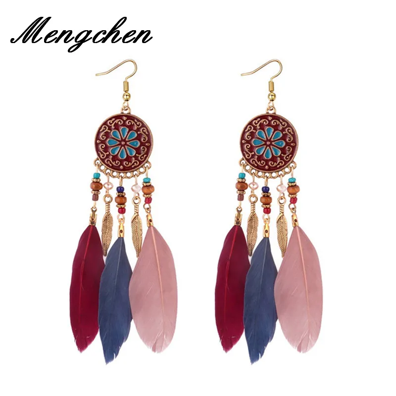 

Boho Geometry Multicolor Feather Long Tassel Dangel Earrings For Women Charm Vintage Leaves Tassel Drop Earrings