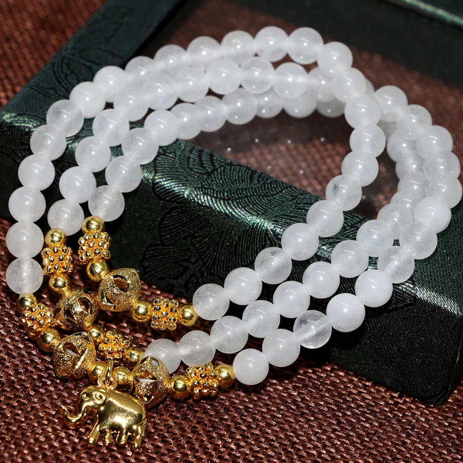 

6mm White Natural Stone Chalcedony Jades Round Beads Bracelets Multilayer for Women Strand Beaded Elastic Arrival Jewelry B2205