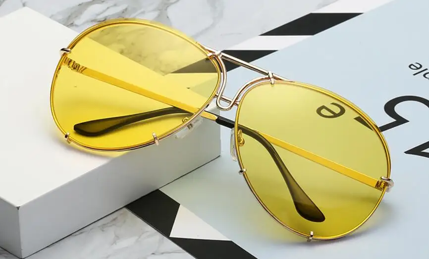 gold yellow Винтажные брендовые дизайнерские солнцезащитные очки для мужчин, черные оттенки, металлические светоотражающие солнцезащитные очки для женщин, пилот Ким, солнечные очки в стиле Кардашьян - Цвет линз: gold yellow